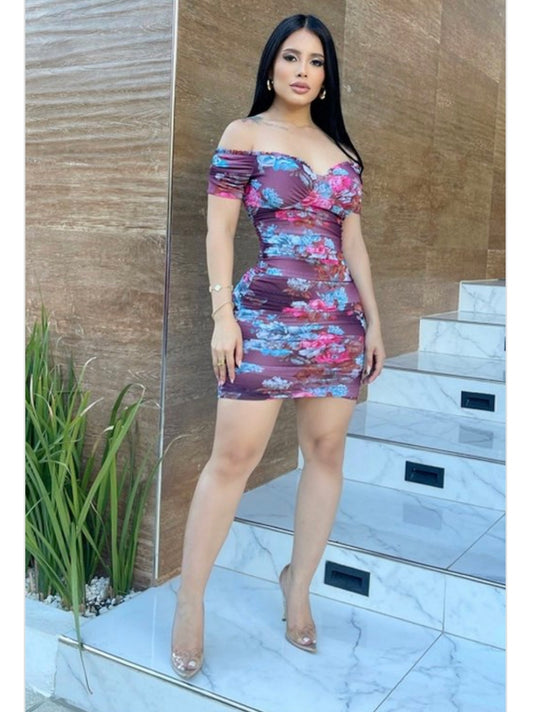 Floral Off The Shoulder Bodycon Mesh Dress