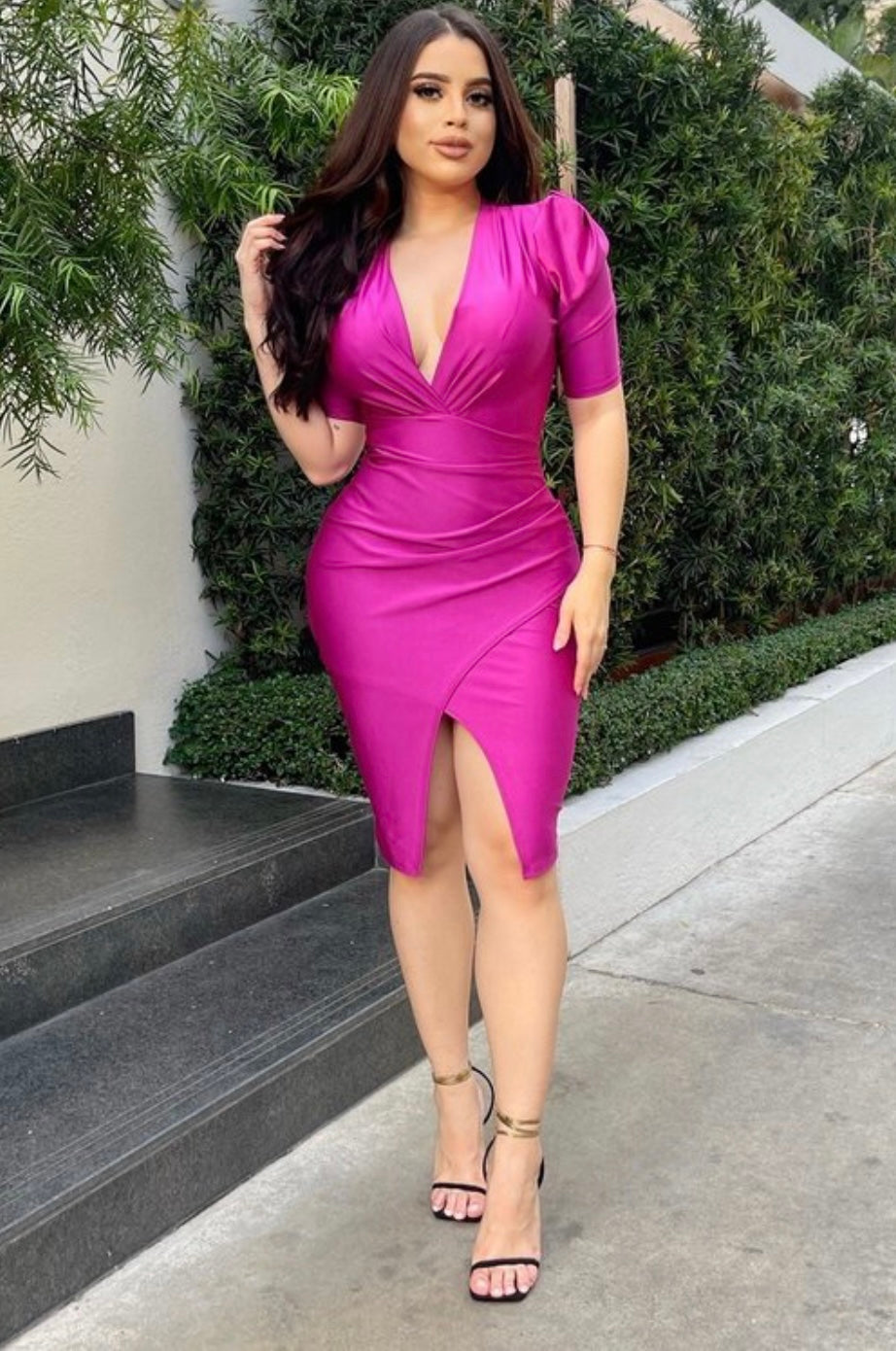 Fuchsia Bodycon Short Sleeve Dress