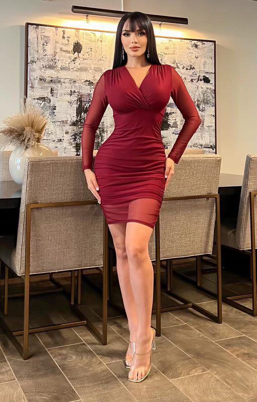 Burgundy Mesh Bodycon Dress