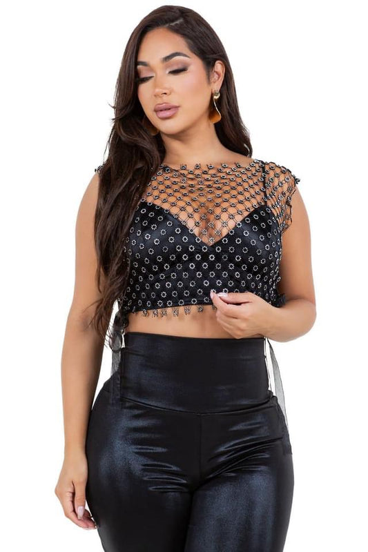 Black Rhinestone Crop Top