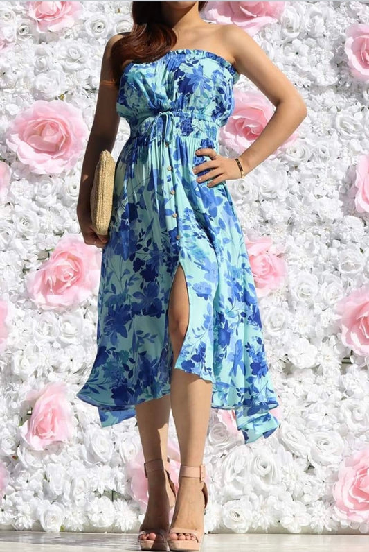 Strapless Floral Blue Dress