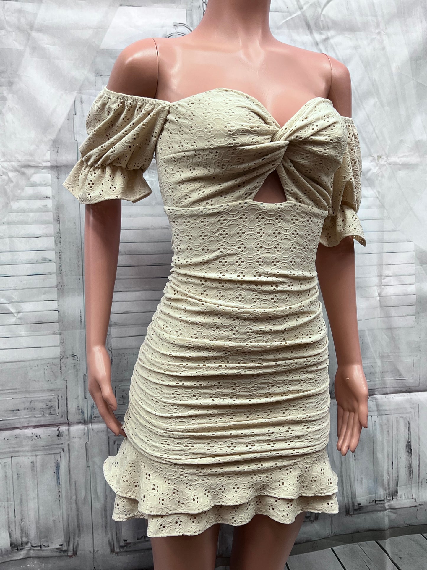 Beige Off The Shoulder Bodycon Dress